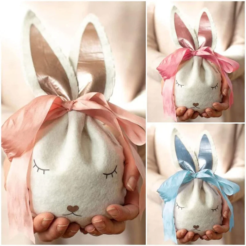 Easter Drawstring Bunny Snack Bags Felt Bunny Gift Bags Bunny Iron-On Craft Candy Bags Jewelry Gift Packing Organizer