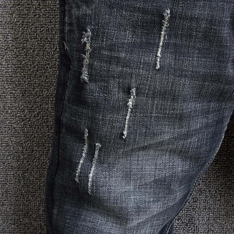 Jeans Pria Fashion Gaya Italia Celana Jeans Sobek Berjumbai Pas Badan Elastis Hitam Biru Retro Celana Denim Desainer Antik Pria Hombre