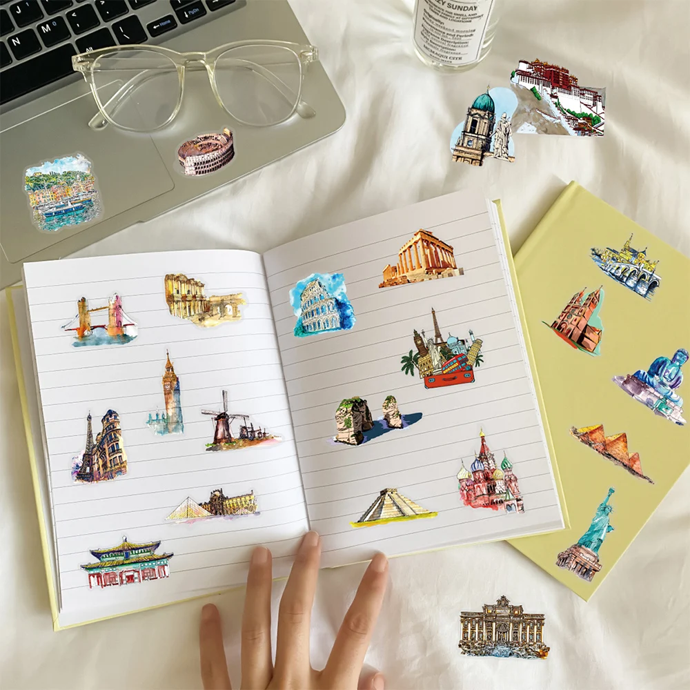 10/30/50 szt. Naklejki z znanych obiektów budowlanych świata, naklejki z krajobrazami miast podróżniczych, naklejki na walizkę, telefon, laptop, przezroczysty zestaw naklejek