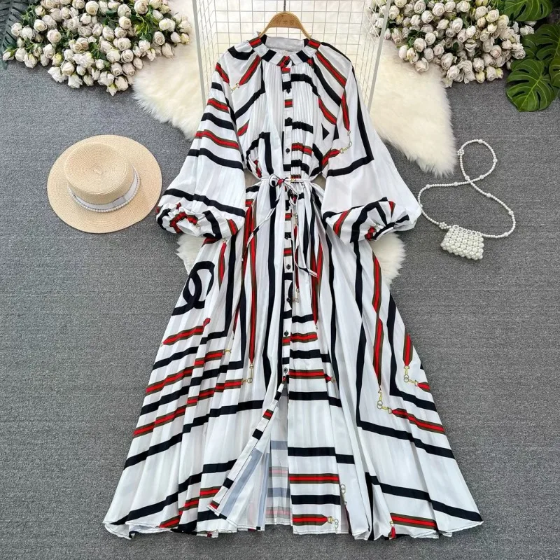 Summer Women Print Long Dress Single Breasted Lantern Full Sleeve Round Neck A Line Dresses High Waist Folds Skirts Ladies 2024