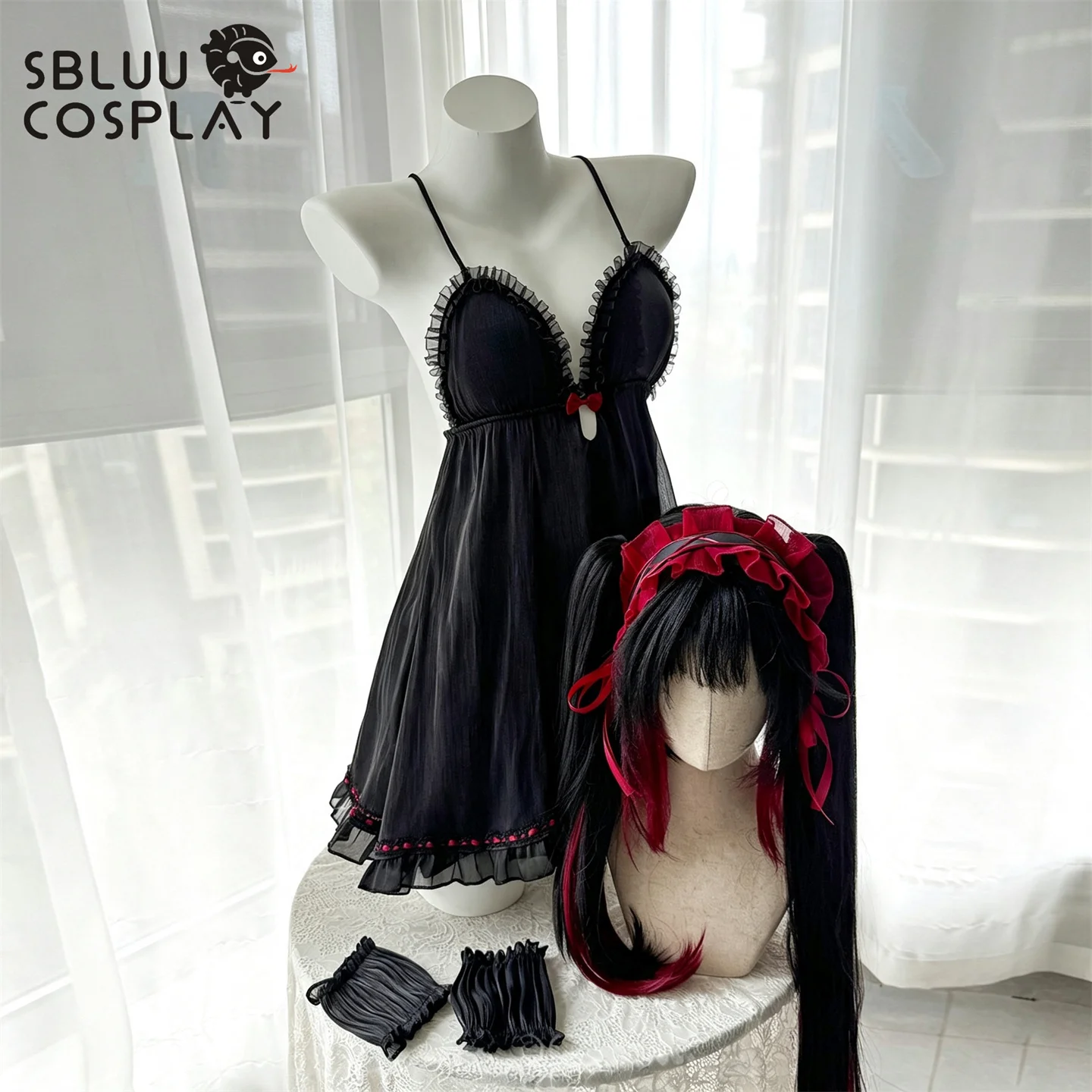 SBluuCosplay Anime Tokisaki Kurumi Cosplay Kostüm Schwarzes Schlafkleid Stirnband Rollenspiel-Outfit für Frauen Halloween-Party