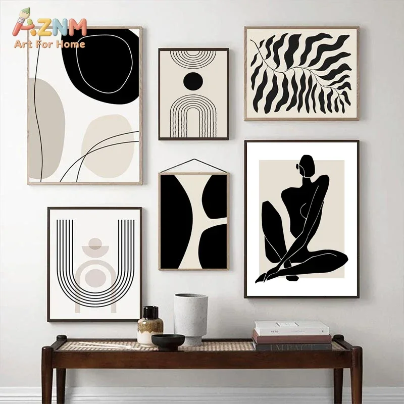 AZNM Neutral Beige Black Abstract Canvas Print Boho Line Art Woman Body Rainbow Plant Geometric Minimalist Living Room Wall Deco