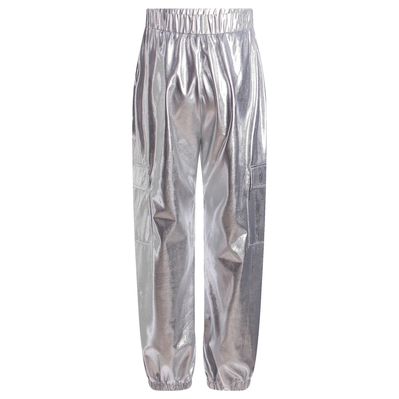 Children Metallic Shiny Hip-Hop Jazz Dance Pants Elastic Waistband Trousers with Pockets Stage Performance Dancewear Streetwear