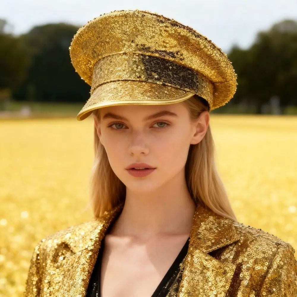 Fashion PU Leather Sequin Flat Top Hat Y2k Shiny Hats Sergeant Style Sunscreen Baseball Cap Women