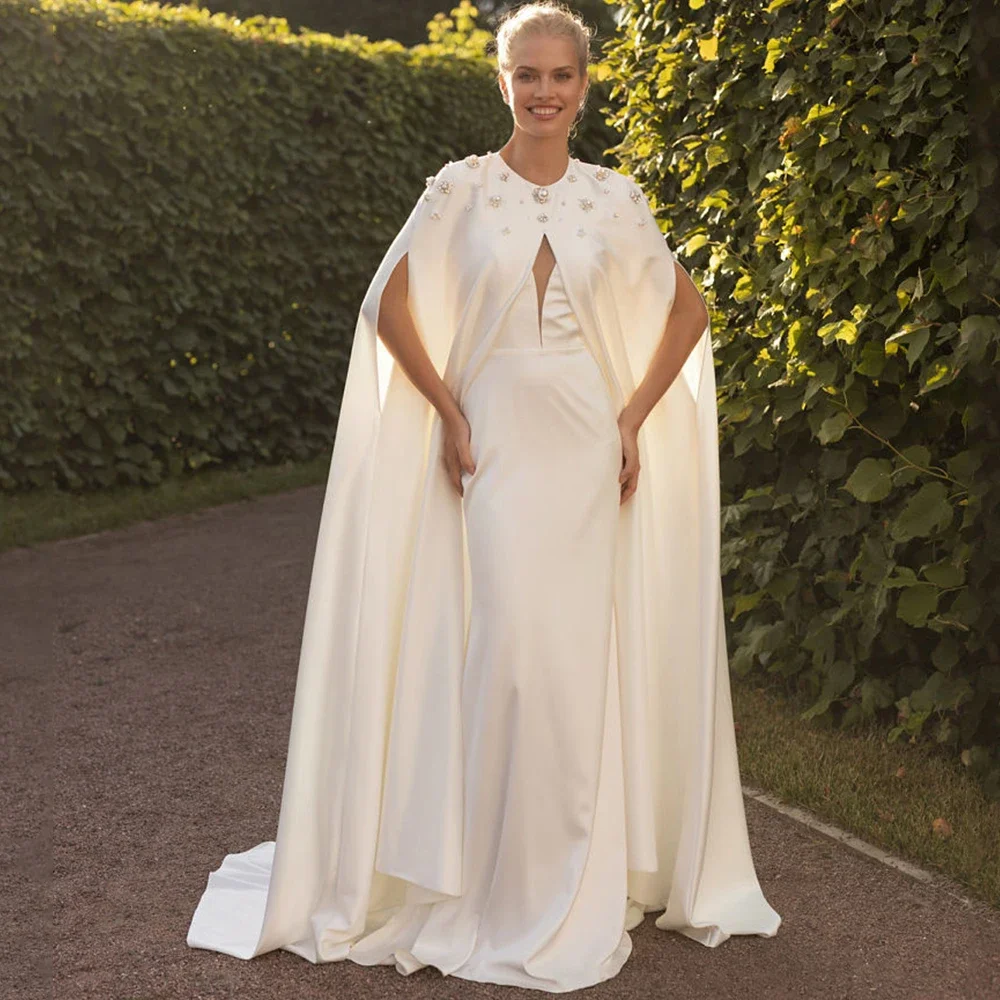 Vintage Cloak Bridal Wedding Dress O-Neck Pearls and Diamond Jewelry Beading 2 Piece Set Mermaid Jersey Floor Length Bride Gowns