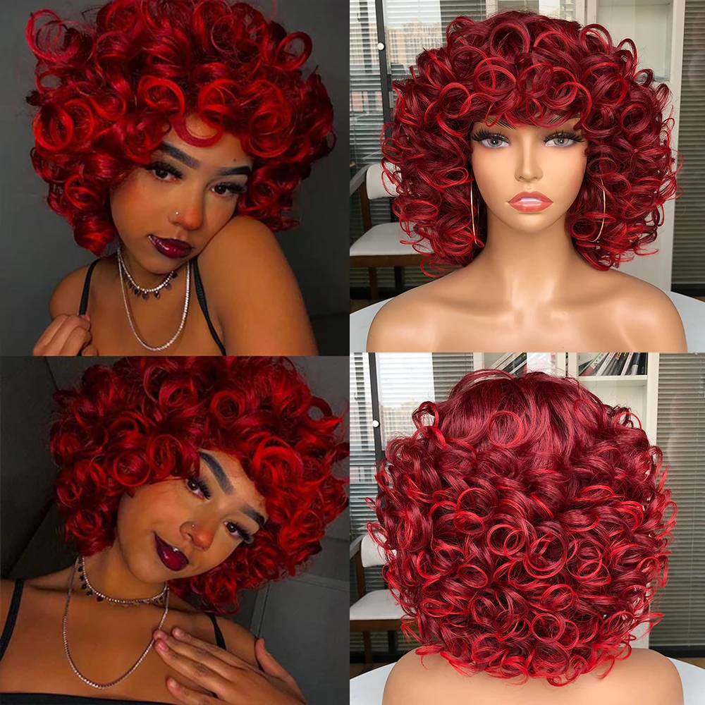 Short Afro Curly Wig With Bangs For Black Women Synthetic Fluffy Mixed Brown Blonde Wig Natural High Temperat Red