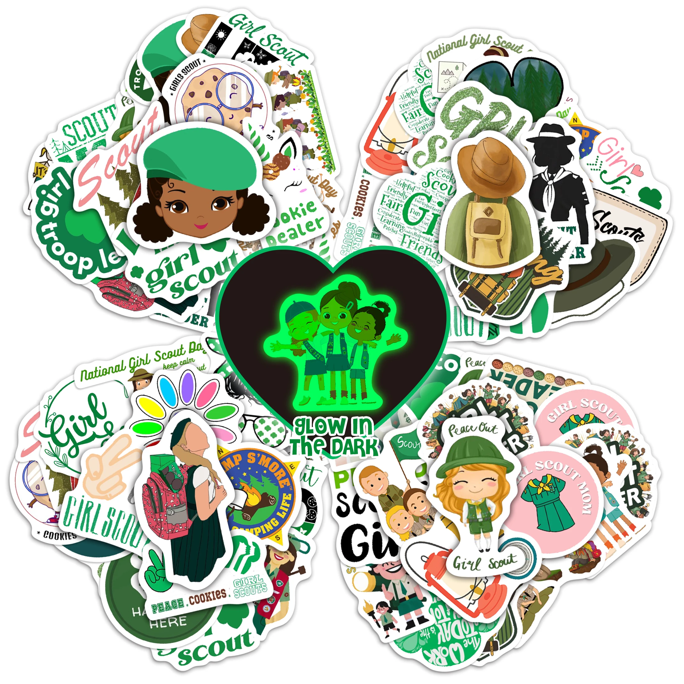 51Pcs Cartoon Girl Scout Water Bottle Stickers for Kids Cute Glow in The Dark Vinyl Waterproof Laptop  Girl Scout Themed Decals