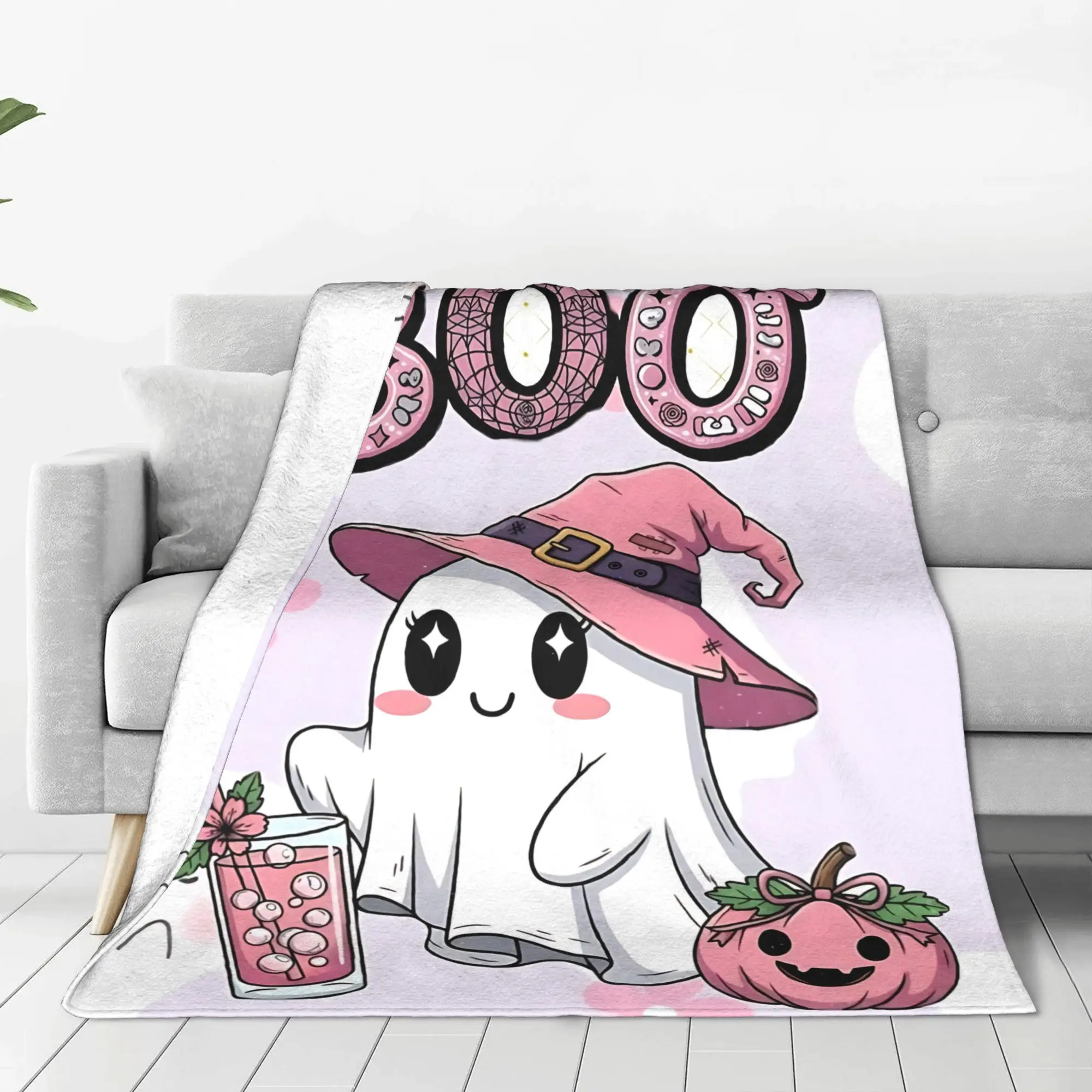 1PC Home Pinkoween Ghost Blanket Throw Blanket  Novelty Warm Blanket All Season Gift for Happy Halloween Give Thanks