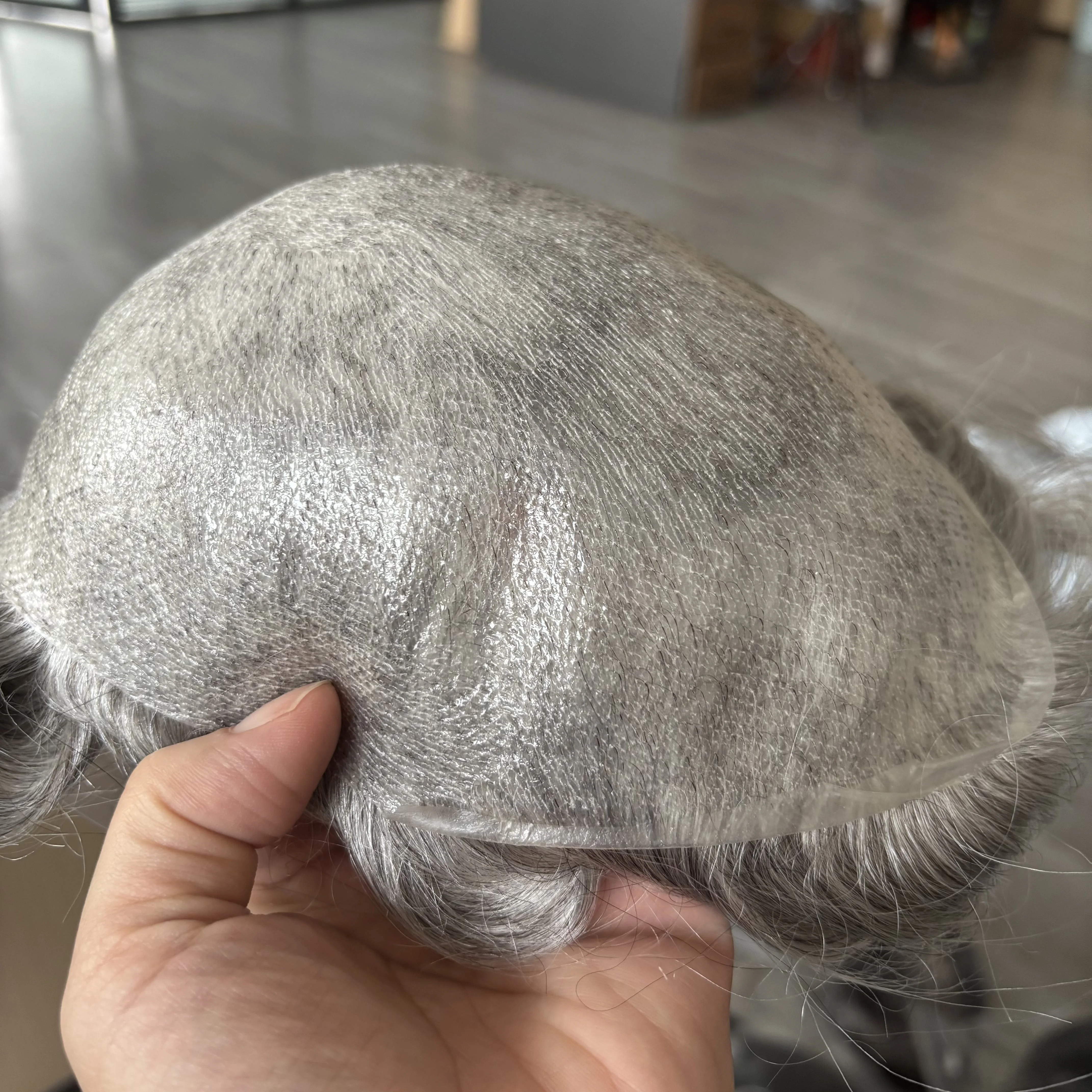 마이크로 슈퍼 씬 0.02mm 스킨 베이스 # 1B65번 # 420 브라운 회색 머리 남성 부분 가발 100% 인모 모발 보철 헤어피스