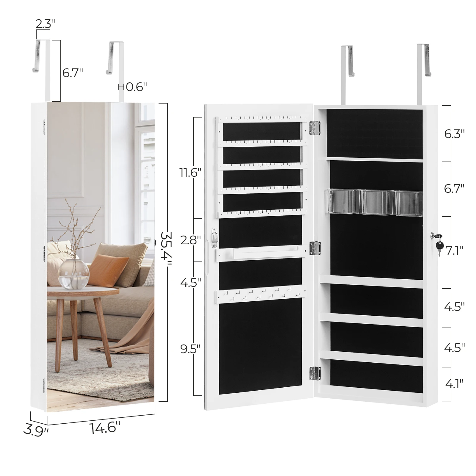 Whole Jewelry Cabinet Armoire with Mirror Wall Hanging Door With Lock Jewelry Cabinet Fitting Mirror[US-W]