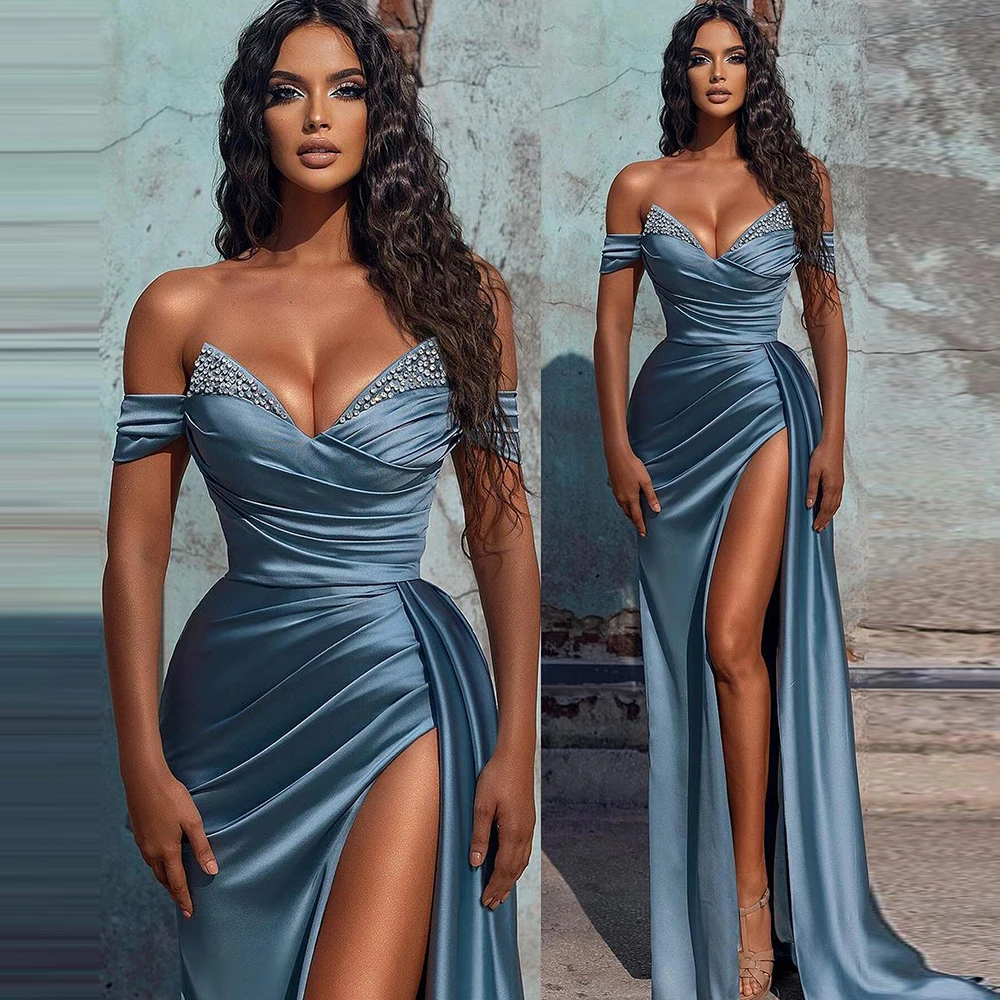 Sexy Evening Gowns Sky Blue Satin Beaded Rhinestone Draped Mermaid Prom Dress Long V Neck High Split Evening Dresses for Women