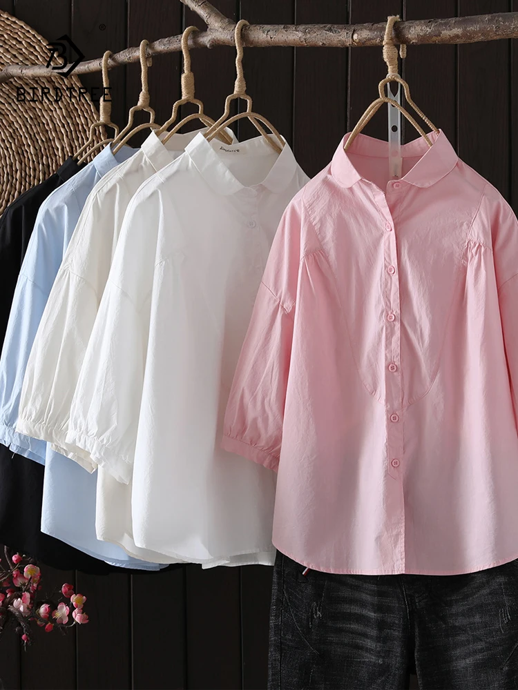 

New Summer Cotton Half Sleeve Shirt, Women Lapel Solid Tops, Mori Girl Casual Sweet OL Commute Loose Blouses, Autumn T47835QC