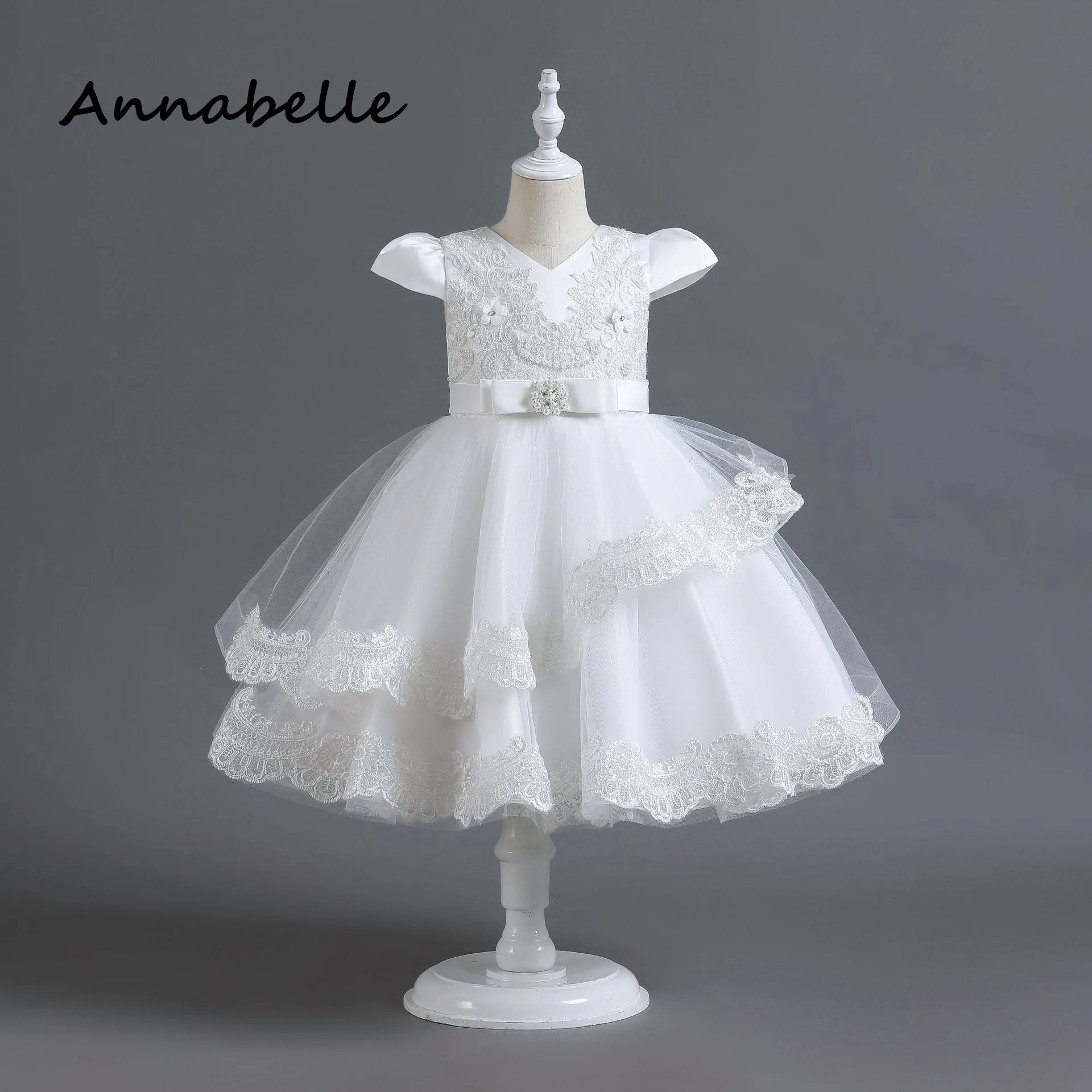 Annabelle-Robe de princesse fleurie à col rond pour petite fille, tenue de cérémonie d'anniversaire, de mariage, de demoiselle d'honneur, rose