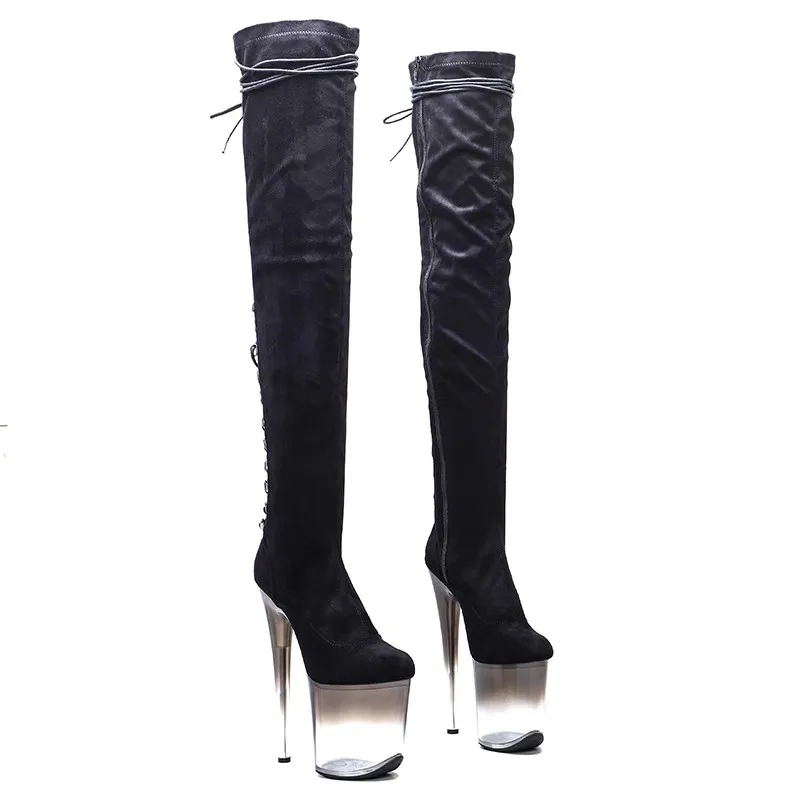 

Black New Fashion Women 20CM/8inches PU Upper Plating Platform Sexy High Heels Thigh High Boots Pole Dance Shoes 501