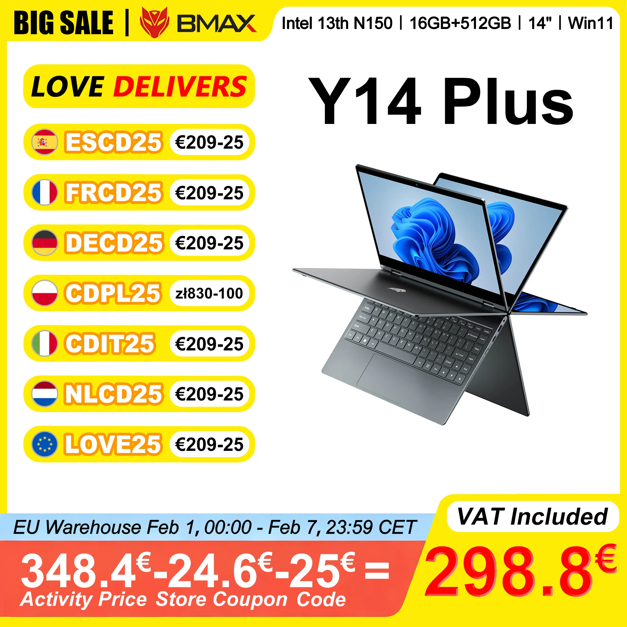 BMAX Y14 Plus Laptop 14 inch touchscreen 16 GB RAM 512 GB SSD Intel N150 1920*1080 IPS 360 ° Converteerbaar notitieboekje Windows 11