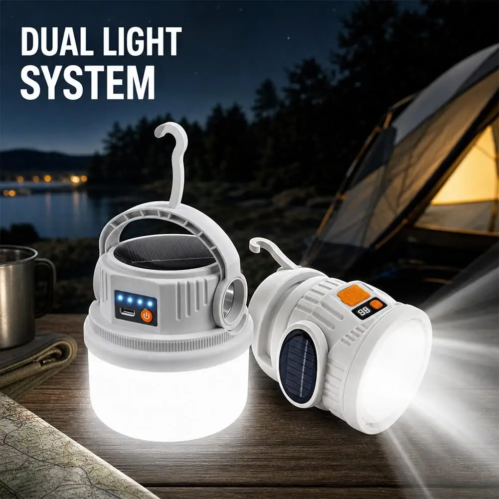 Portable LED Camping Lamp Solar Rechargeable Dual Light Outdoor Lantern with Power Bank Digital Display for Emergency Hiking