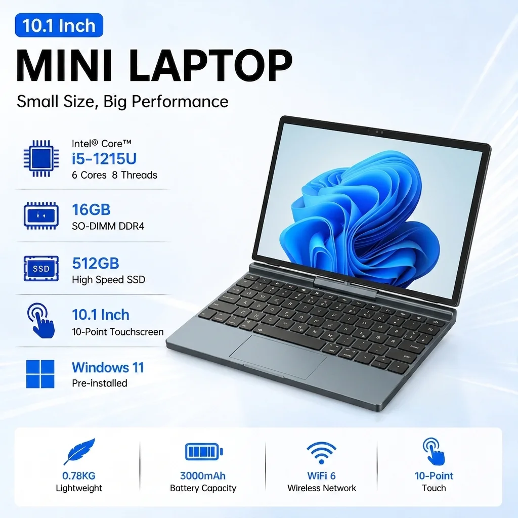 Tablet Laptop 2 in 1 da 10.1 Pollici, Intel i3-1215U, 16GB RAM, 512GB SSD, Schermo Touch, Windows 11, WiFi 6, BT5.2, Supporto Stilo MPP