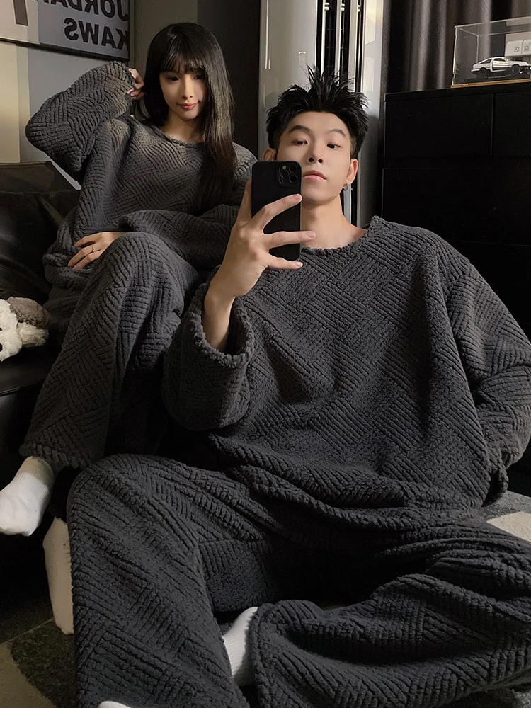 DAIMELU autumn and winter sleepwear couple pajamas women's coral fleece flannel thickened warm men's high-end loungewear suit