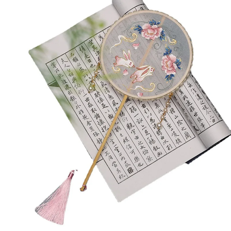 Embroidery Circular Fan, Jade Hare, Koi Round Fan, Hanfu Vintage Fan, Bamboo Long Handle, Children