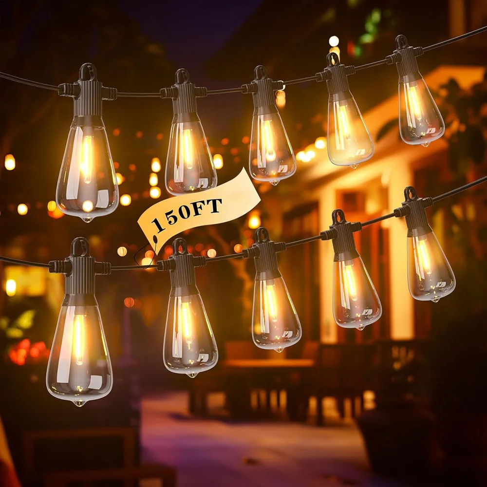 

150FT LED Outdoor String Lights Waterproof Patio Lights Shatterproof ST38 Replaceable Bulbs Dimmable Outside Hanging Lights