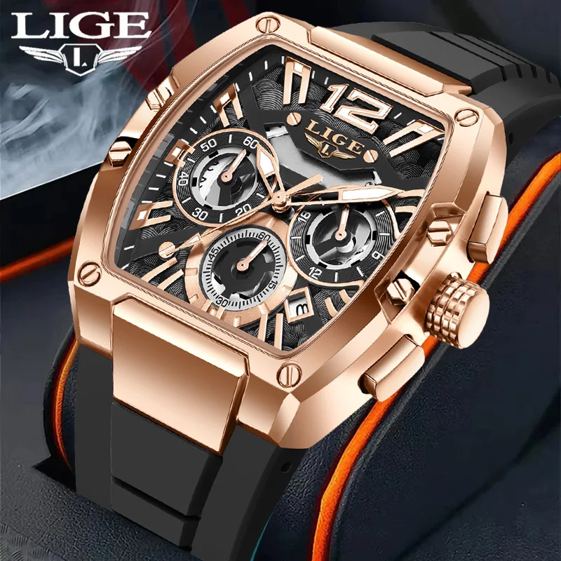 

LIGE Top Brand Mens Watches Luxury Square Quartz Wristwatch Waterproof Luminous Chronograph Watch for Men Date Clock