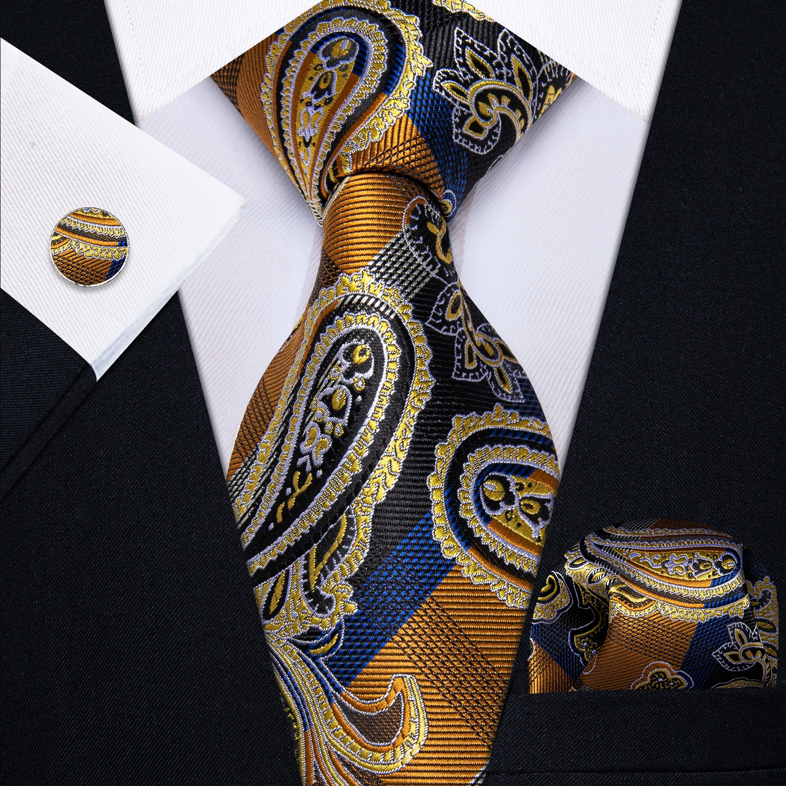 Vintage Men\'s Jacquard Necktie with Pocket Square Cufflinks for Business Wedding Party  Classic Paisley Tie for Man