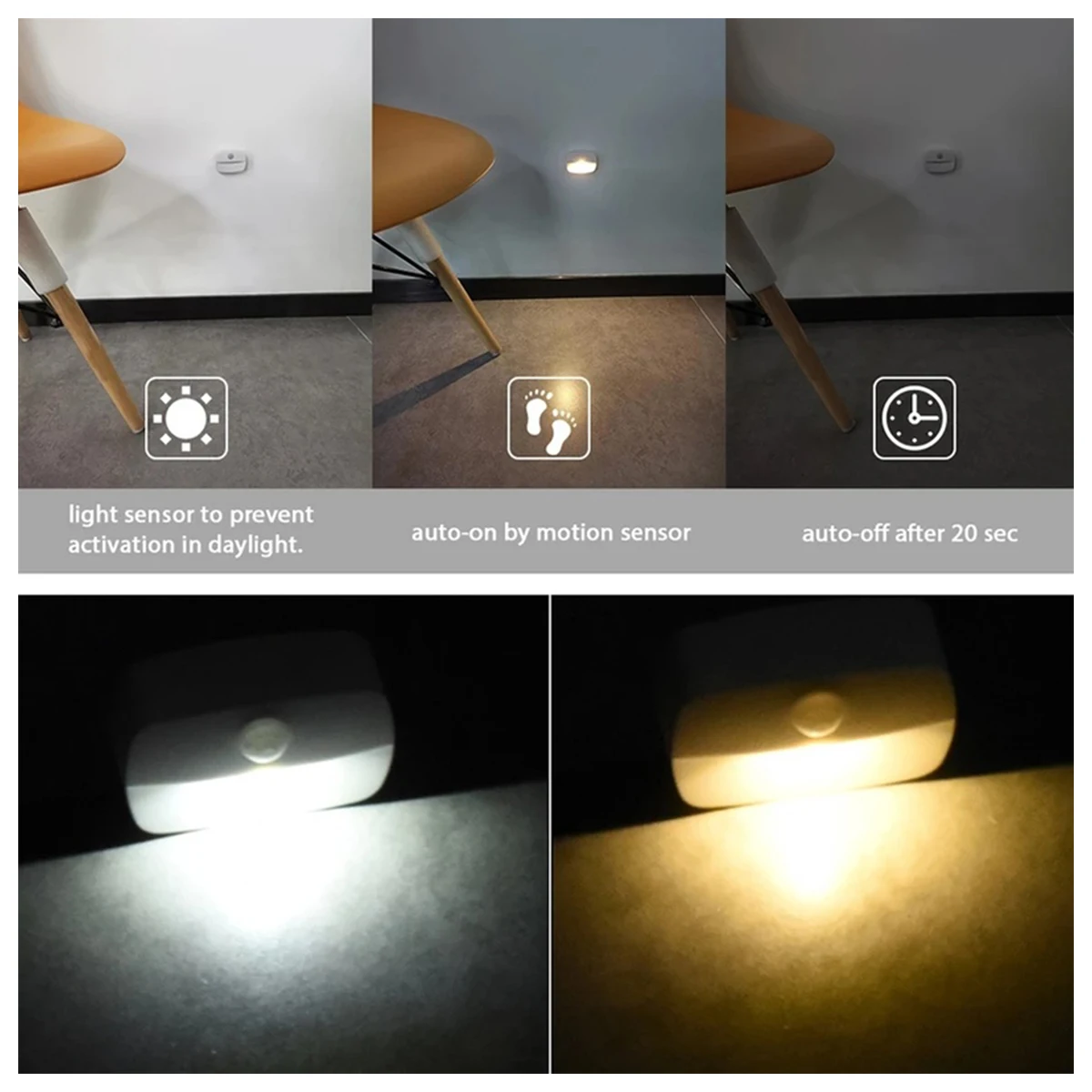 Motion Sensor LED Night Light Lights Indoor Lamp Mini Battery Operated Wireless Soft Wall Cabinet Hallway Lighting Kids Sleeping