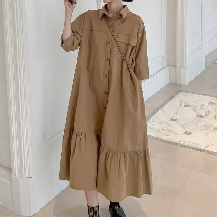 

2024 Women's Summer Fashion Retro Casual Solid Color Dress Female Short Sleeve Shirt Dresses Ladies Long Loose Vestidos V96