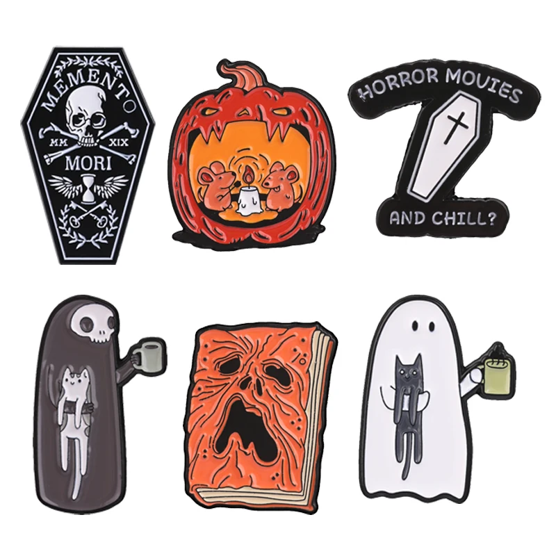 Halloween Jack O Lantern Enamel Pins Evil Book of the Dead Brooch Grim Reaper Cat Coffee Gothic Coffin Cross Badge Jewelry Gifts