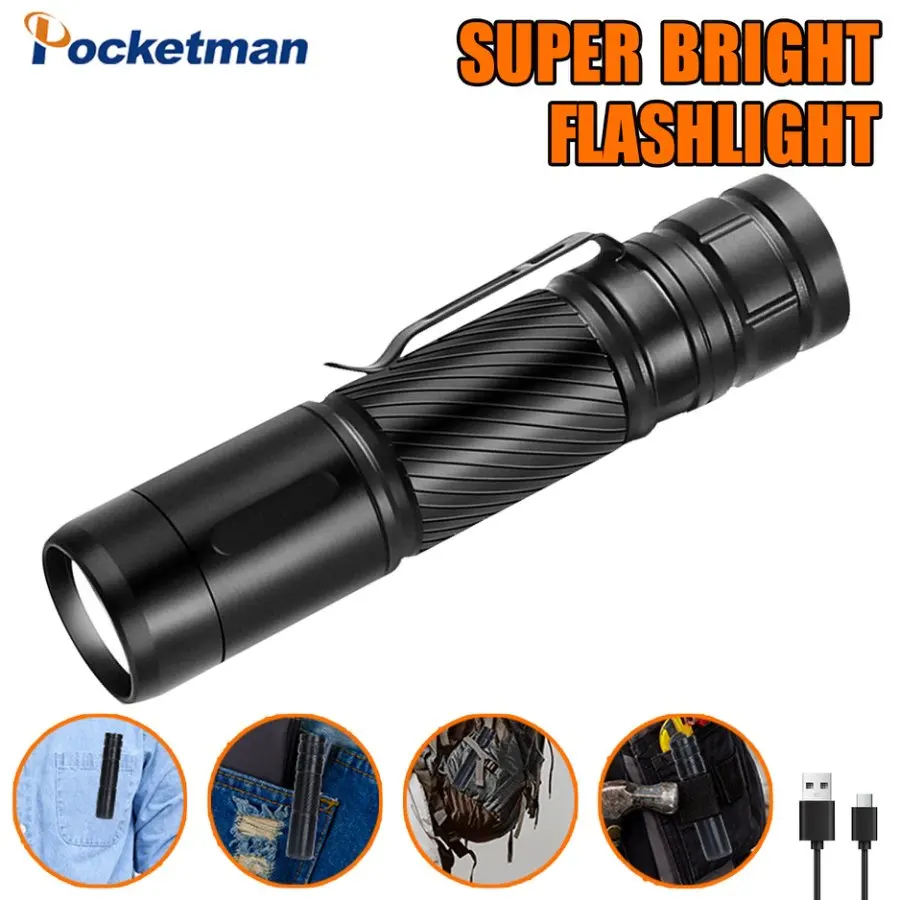 

Powerful LED Flashlight Aluminum Alloy Tacical Torch with Clip Mini Emergency Light Type-C USB Rechargeable Flashlights