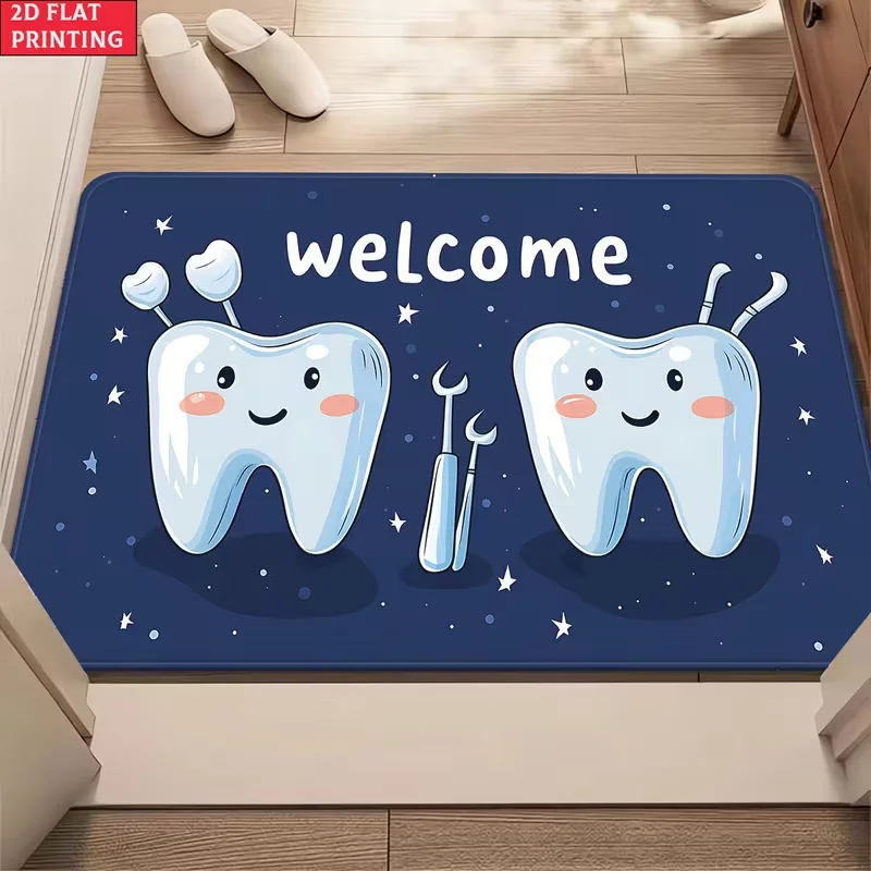 Cartoon Winking Tooth Red Heart Print Doormat Non Slip Entrance Mat Cute Dental Clinic Decor Welcome Rug