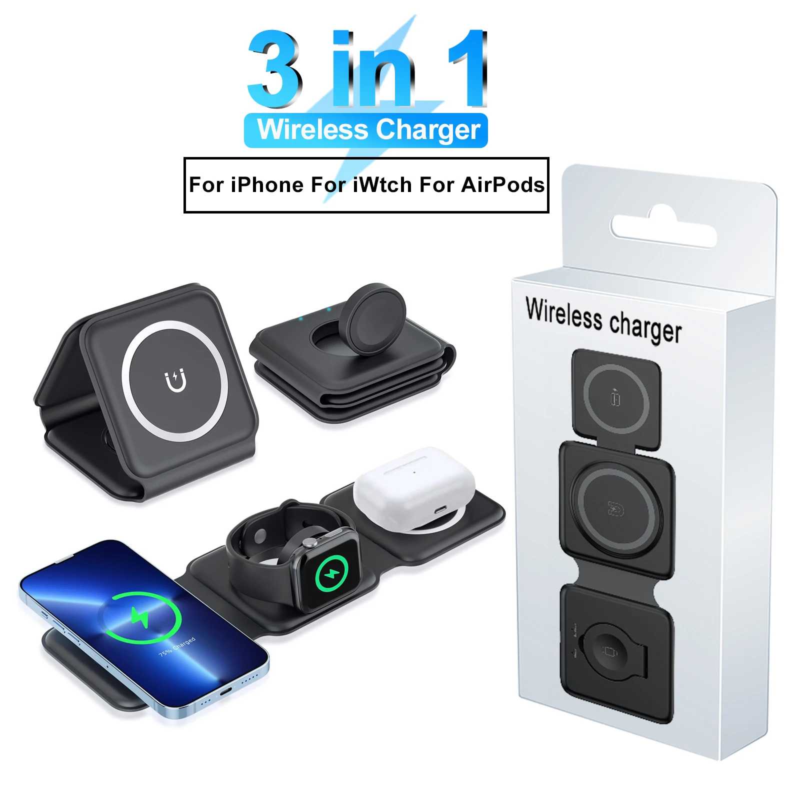 

3 in 1 Wireless Charger Stand Pad For iPhone 15 14 13 12 Pro Max Foldable Fast Charging station Dock For iWatch 8 7 AirPods Pro