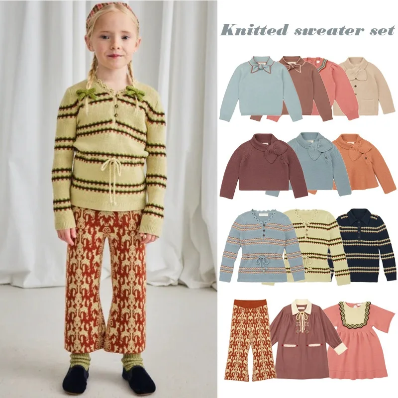 

Girls' Sweater 2025 Fall New Arrival Pink Bow Knit Pullover Sweater Pure Cotton Cute Sweet Girls' Knit Dress Children's Clothing