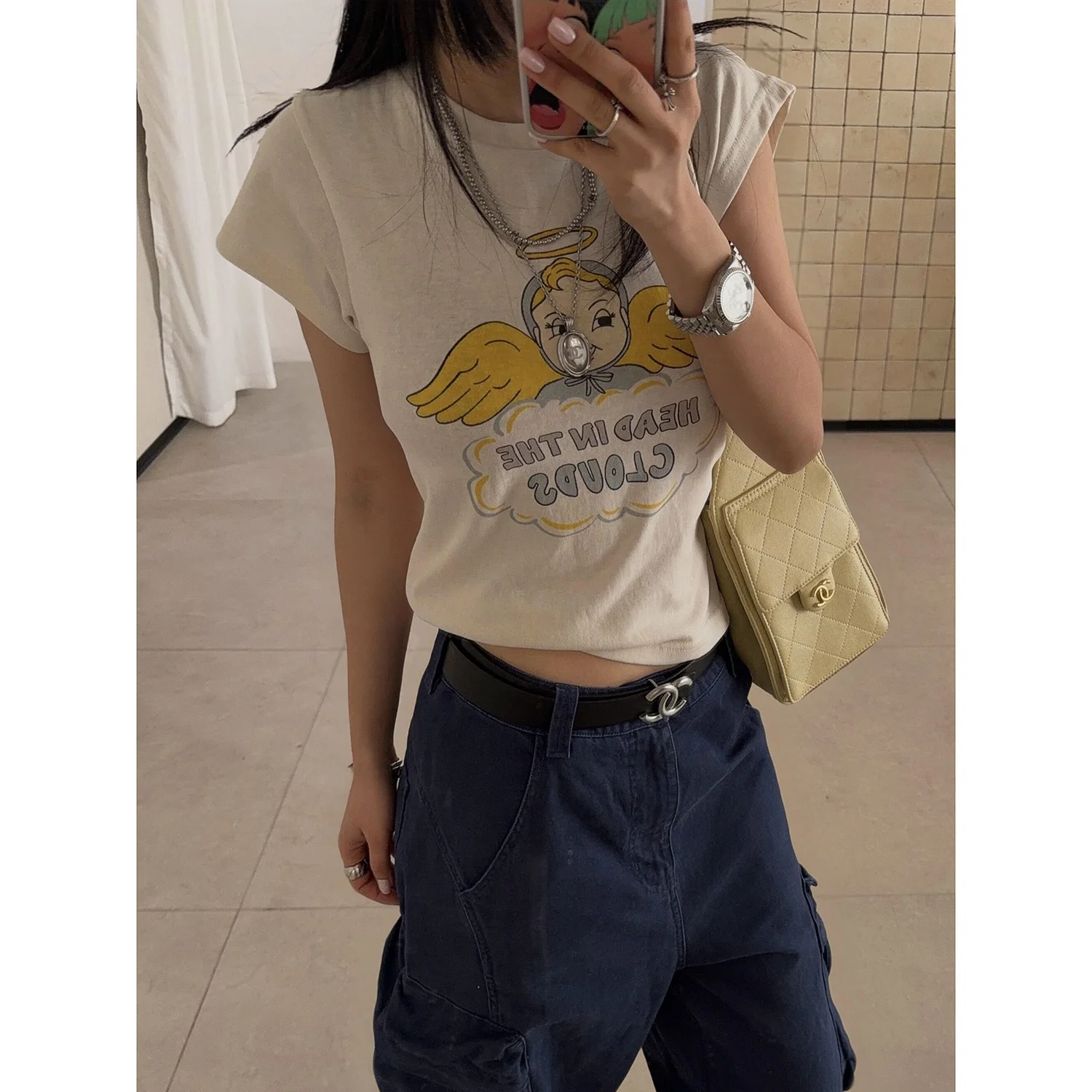 Adorable Angel Print American Retro Short Sleeve T-Shirt Women's Slim Fit Micro Translucent Summer Top Sakura Bean Cotton Ble...