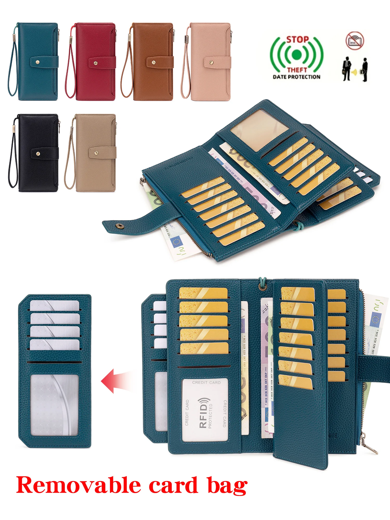 

Женский кошелек с узором личи, трехслойный длинный кошелек на молнии с RFID-защитой, повседневная и портативная женская сумка-клатч, дорожный кошелек