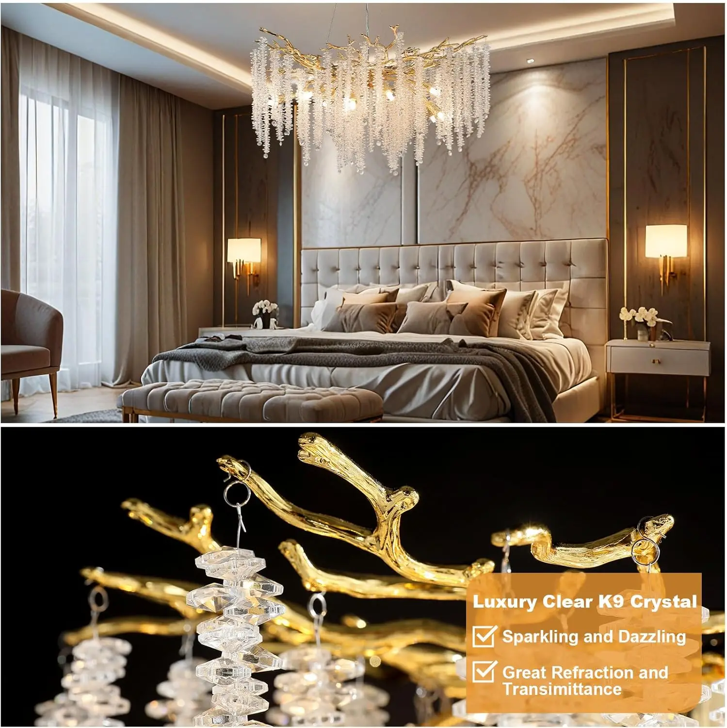 Modern Crystal Chandelier, Gold Tree Branch Pendant Light For Dining Room, Round Luxury High Ceiling Chandeliers  Over Table