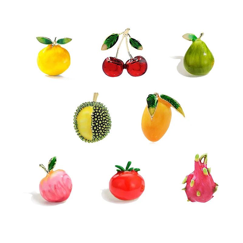 Cute Mini Fruit Brooches 8 Pieces Set Color Drip Oil Alloy Orange Pitaya Pear Mango Juicy Peach Cherry Lapel Pin Stick In Brooch