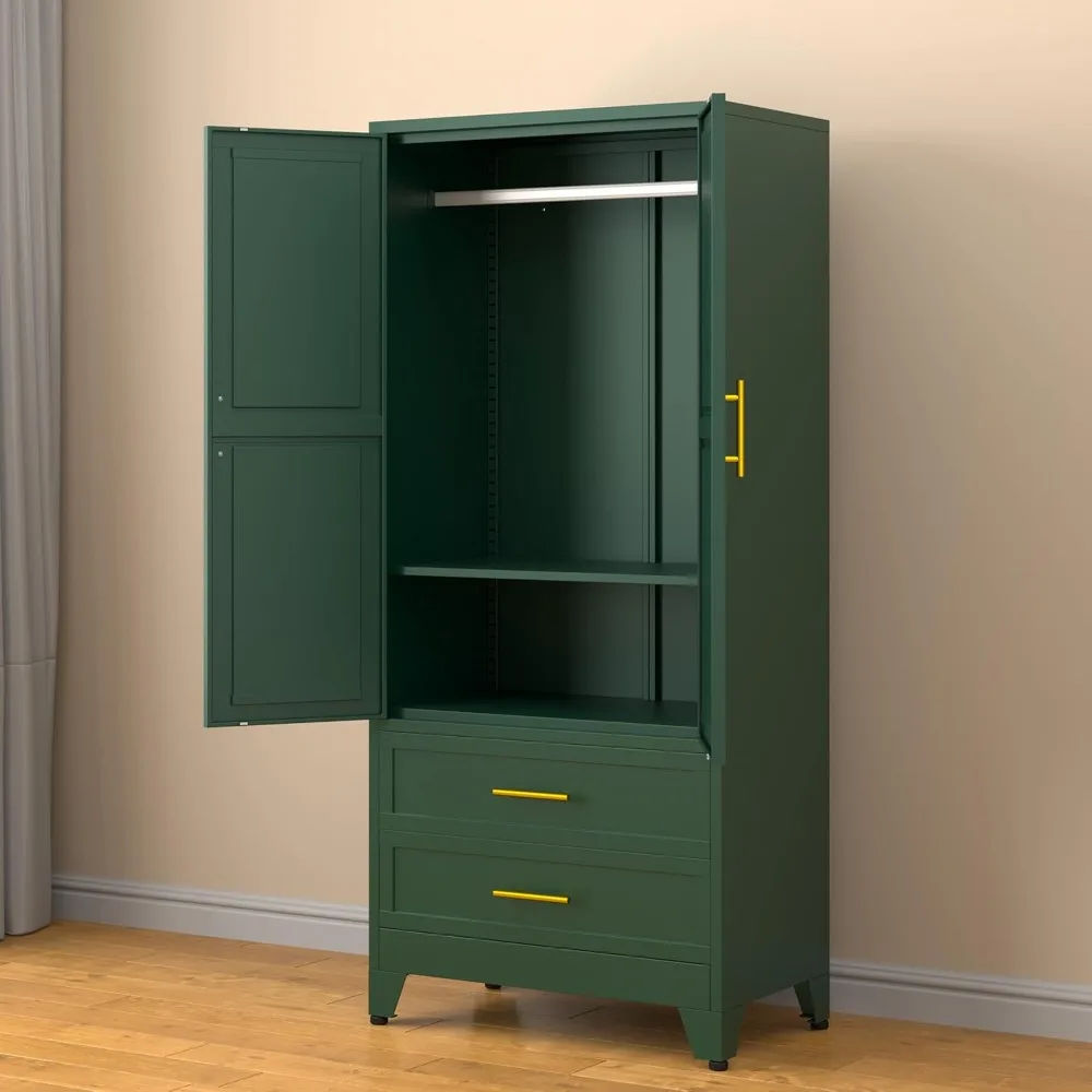 Metal Storage Cabinet with 2 Doors, 1 Adjustable Shelf and 2 Draws, Armoire Wardrobe Closet with Hanging Rods for Bedroom,Living