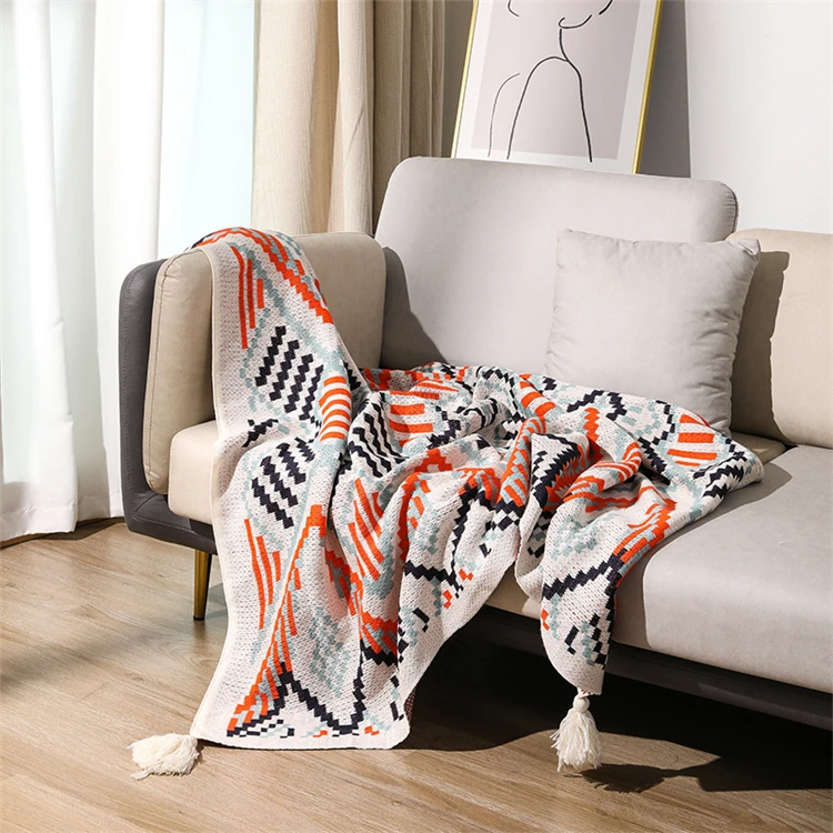Modern Cozy Geometric Knitting Blanket Accept Custom Bohemian Throw Knitted Blanket with Tassel