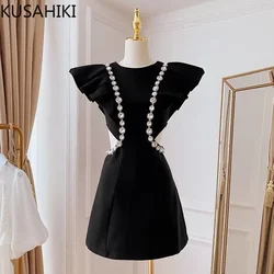 KUSAHIKI Fashion Diamonds Dresses Women 2023 Summer Hollow-out Slim Waist Dress Chic Ruffle Sleeveless O-neck Vestidos De Mujer