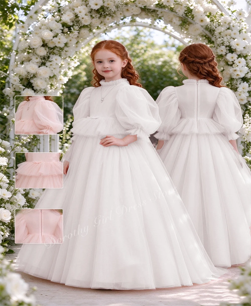 Luxurious Custom Wedding Bridesmaid Dress Layered Tulle High Neck Puff Sleeves for Girls Birthday Party Suitable