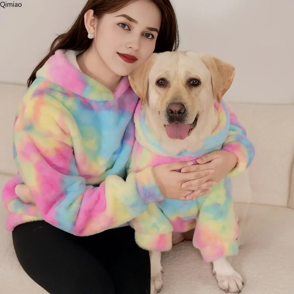 Explosive pet family tie dye rabbit hair rainbow hoodie loose version  designer dog clothes Master pet matching set view 2