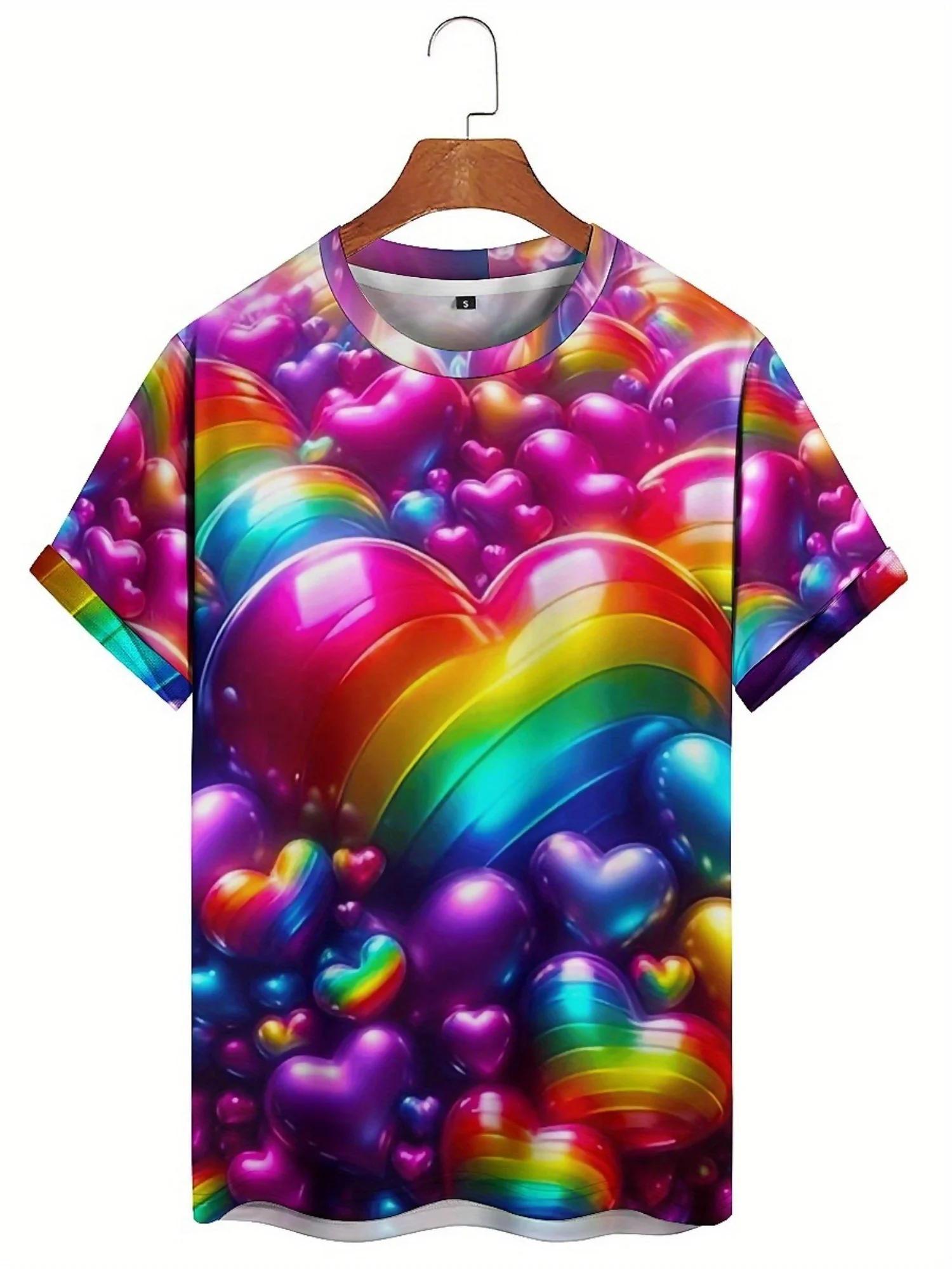 Men'S Plus Size Hip-Hop T-Shirt - Summer Essential, 3D Heart Print, Vibrant Rainbow Colors, Casual Polyester Fabric