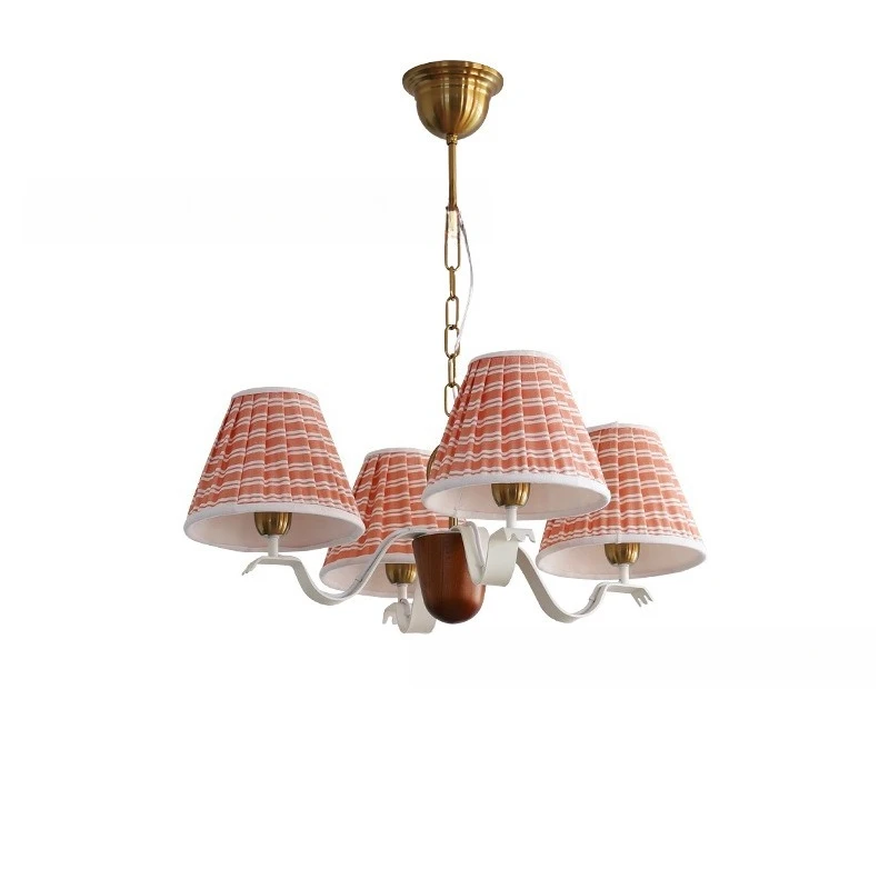 Lampadario da camera da letto studio retrò americano, lampada principale da soggiorno in legno massello con stampa in tessuto di design