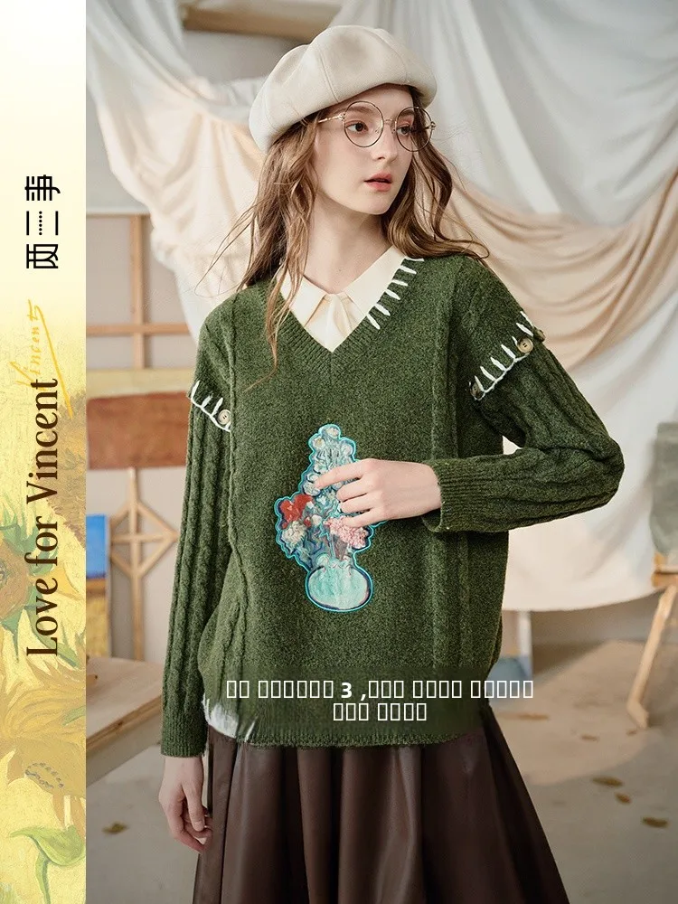 

VAN Gogh Artistic Autumn Winter Women's Knitted Sweater with Detachable Sve Embroidered Patch Work Long V-Ne Loose Fit