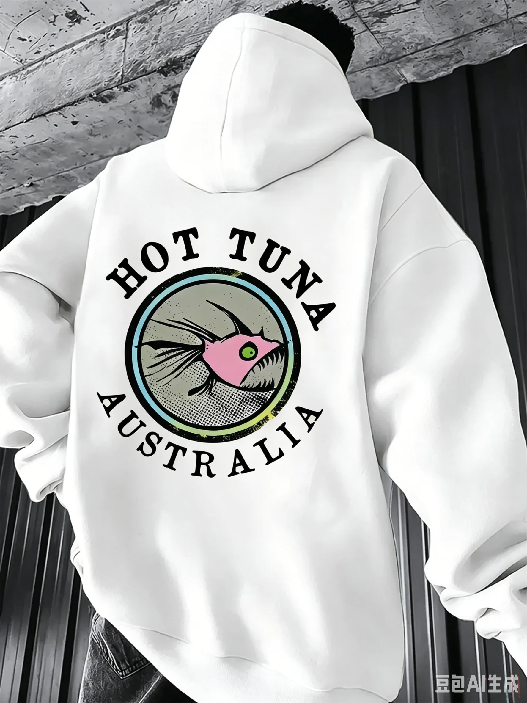 Men's Autumn/Winter Australian Retro Tuna Print Soft and Warm Insulated Loose-Fitting Casual Sporty Commuting Hoodie