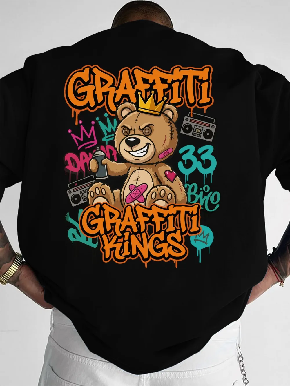 European and American men's summer music teddy bear letter print micro elastic breathable round neck T-shirt outdoor street top