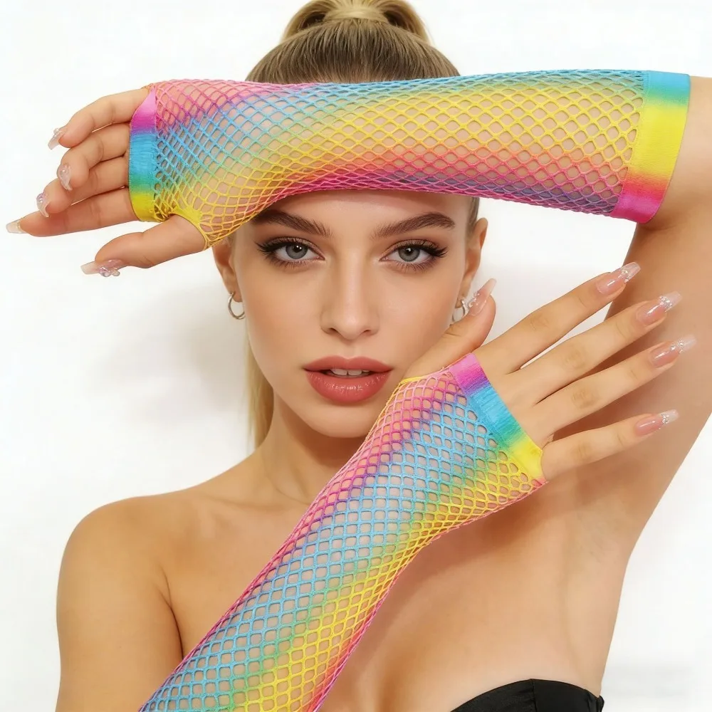 5 pairs Nylon Elbow Length Fishnet Fingerless Gloves 9.06in Rainbow Color Seamless Nylon Party Costume Gloves Gloves