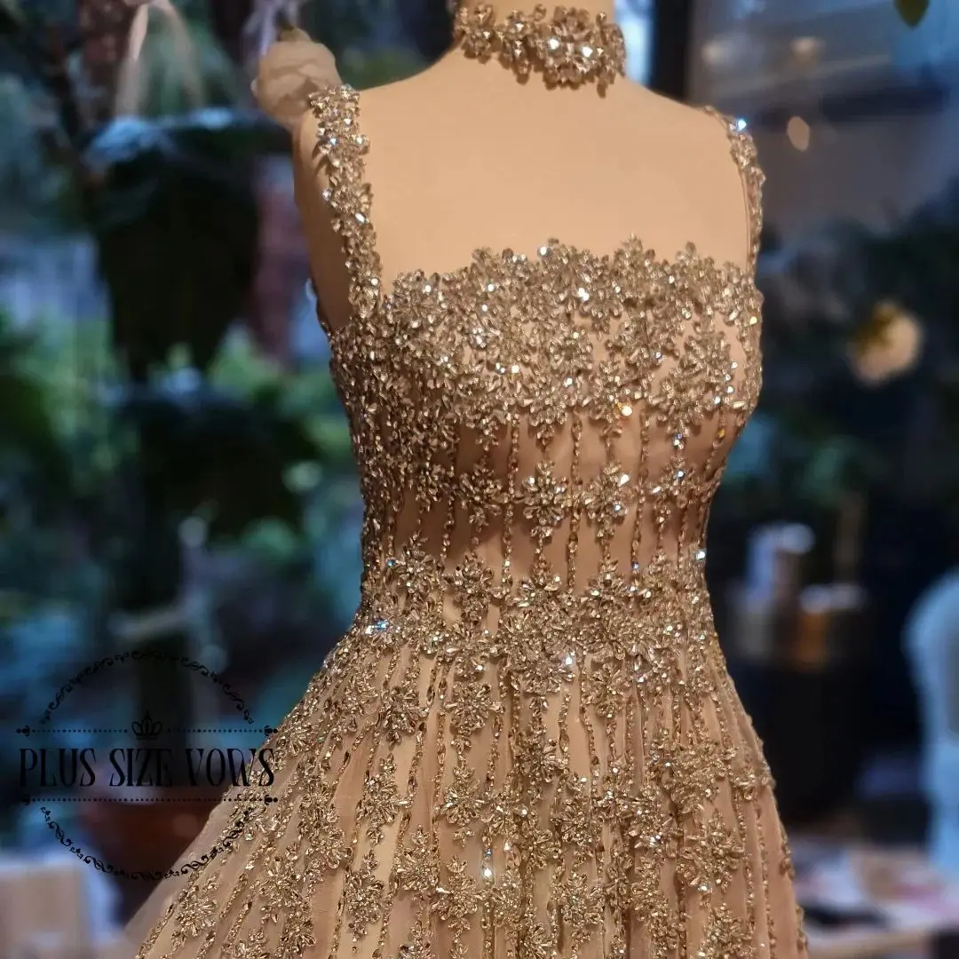 

Plus Size Vows Customized Women's Evening Dresses Handmade Crystals Beading A Line Square Collor Sweep Train Midnight Prom Gowns