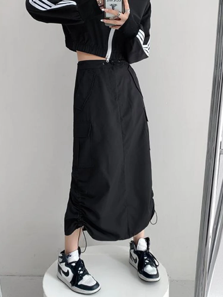 Y2k Midi Skirts Women Cargo Hipster Harajuku Vintage Loose Hot Girls Fashion Ins Ulzzang Chic Streetwear Back-slit Drawstring